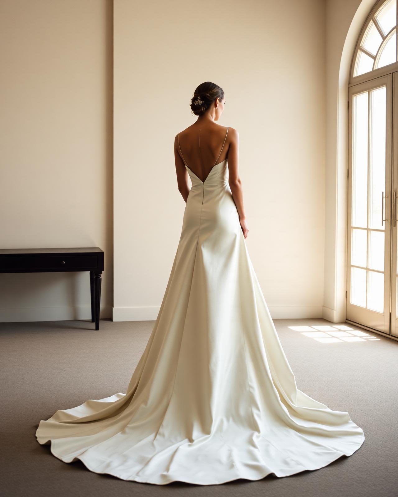Bride in an architectural ivory silk couture wedding gown by Luvea Bridal